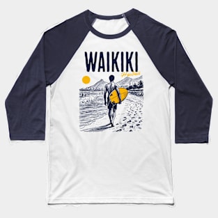 Vintage Surfing Sketch // Waikiki Beach Hawaii // Retro Surfer Drawing Baseball T-Shirt